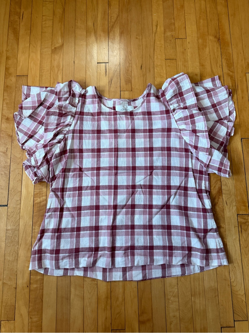 The Great Linen Cotton Ruffled Sleeve Plaid Top - White, Pink & Burgundy